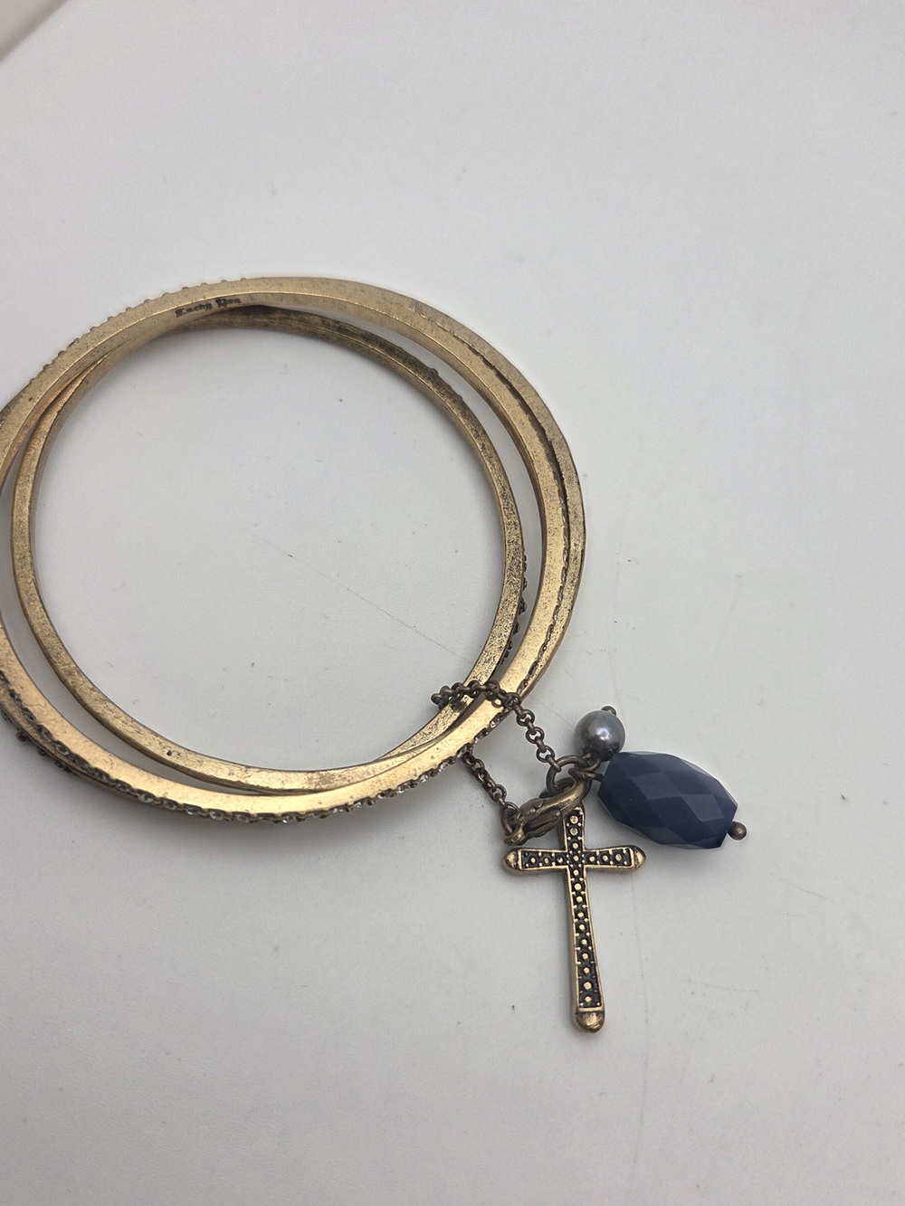 Lucky Brand Antique Brass Stacking Bangles Set Cross & Charm Accents
